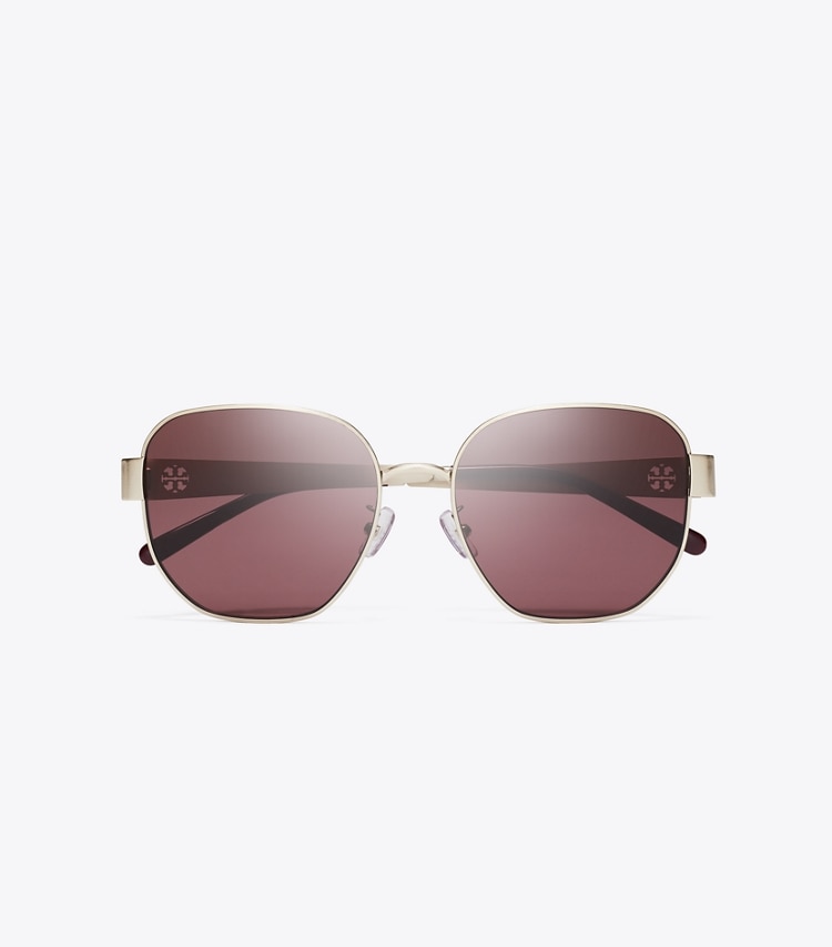 Tory Burch designer sunglasses & eyewear Miller Metal Square Sunglasses in BRUSHED LIGHT GOLD/WINE overhead