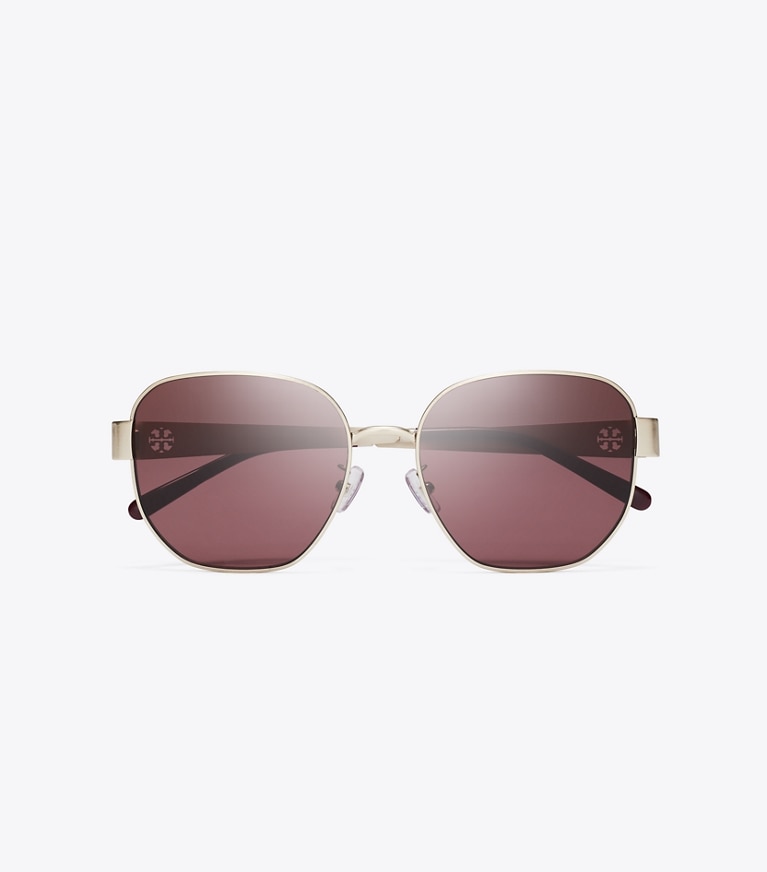 Tory Burch designer sunglasses & eyewear Miller Metal Square Sunglasses in BRUSHED LIGHT GOLD/WINE front