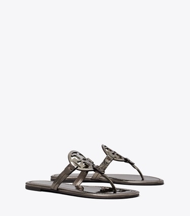 Tory Burch designer sandals Miller Metallic Sandal in SHINY DARK GRAY angle