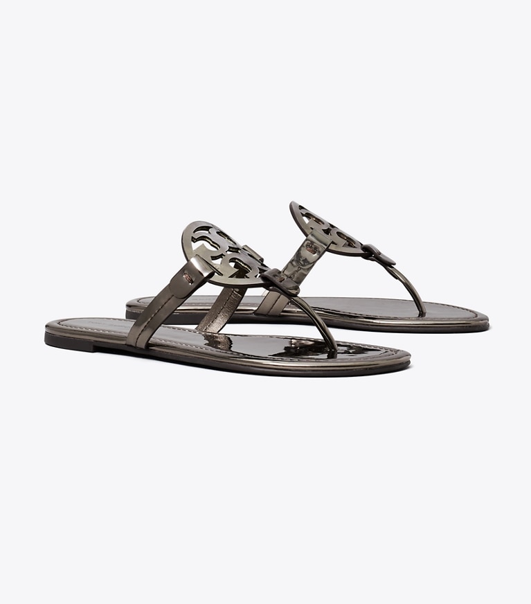Tory Burch designer sandals Miller Metallic Sandal in SHINY DARK GRAY angle