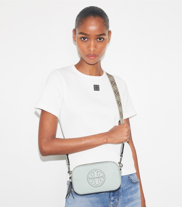 Tory Burch designer crossbody bags Miller Mini Crossbody Bag in Light Titanium accessory on model