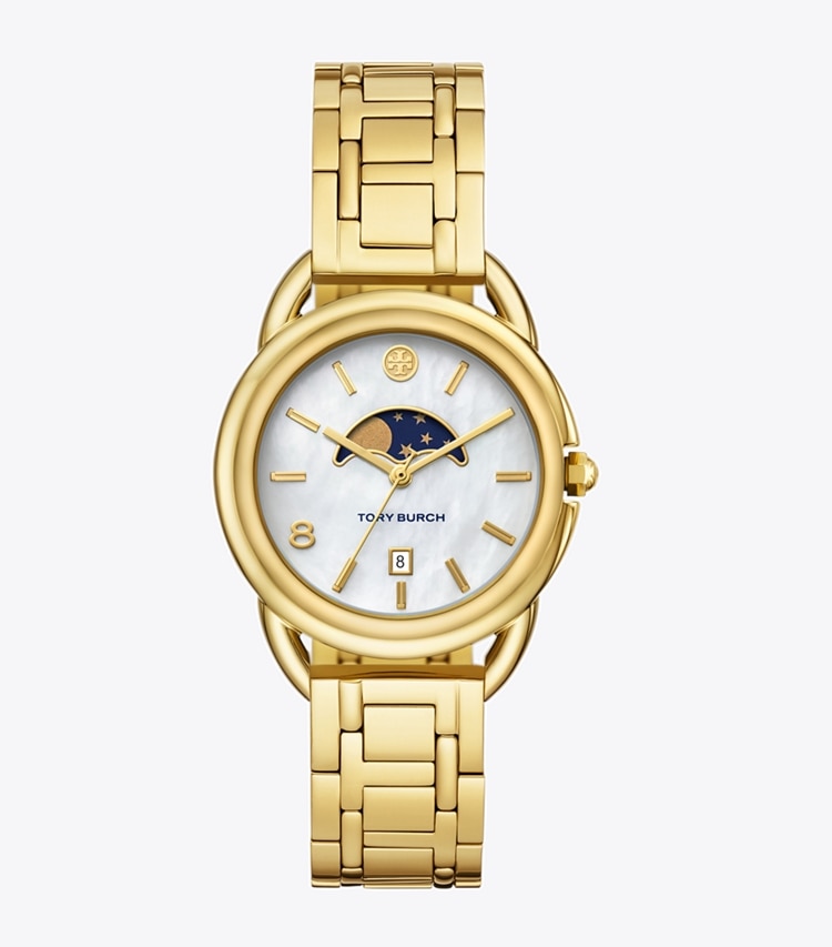 Tory Burch designer strap watches Miller Moon Watch in WHITE MOP/GOLD front