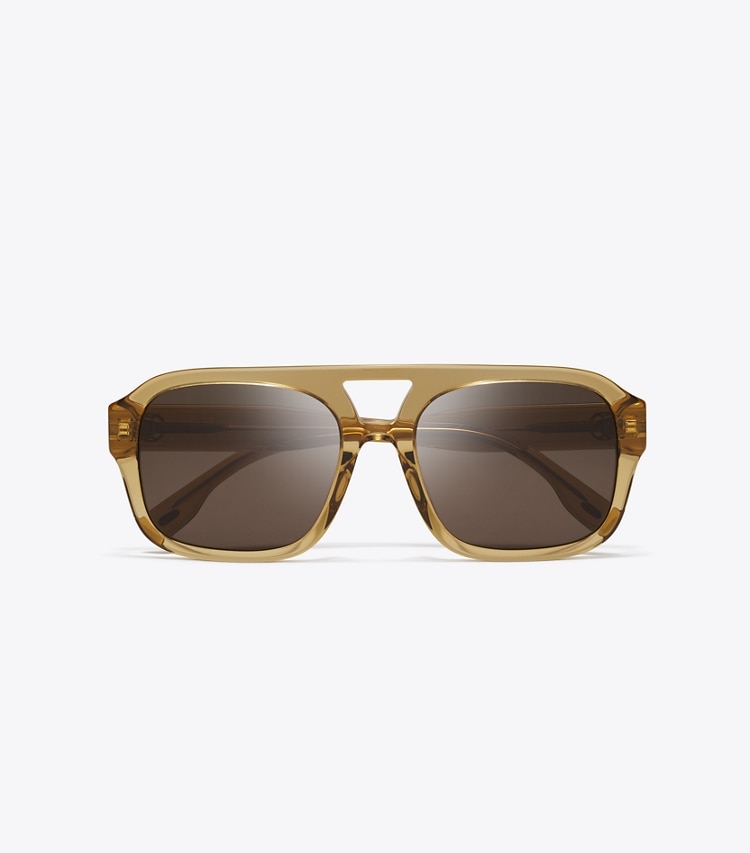 Tory Burch designer sunglasses & eyewear Miller Navigator Sunglasses in TRANSPARENT YELLOW BROWN/SOLID BROWN overhead