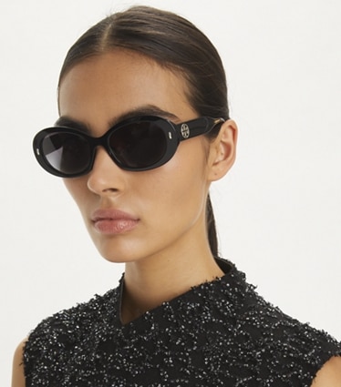 Tory Burch designer sunglasses & eyewear Miller Oval Sunglasses in BLACK/GREY GRADIENT accessory on model