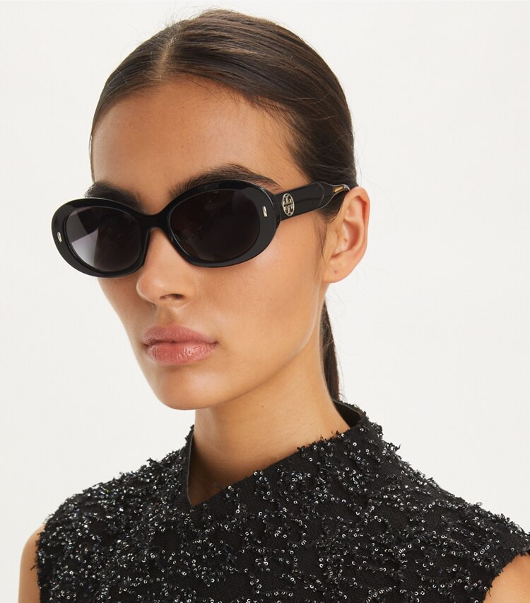 Tory Burch designer sunglasses & eyewear Miller Oval Sunglasses in NUDE STRIPE/DARK BROWN accessory on model