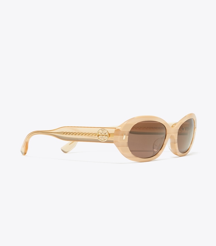 Tory Burch designer sunglasses & eyewear Miller Oval Sunglasses in NUDE STRIPE/DARK BROWN detail