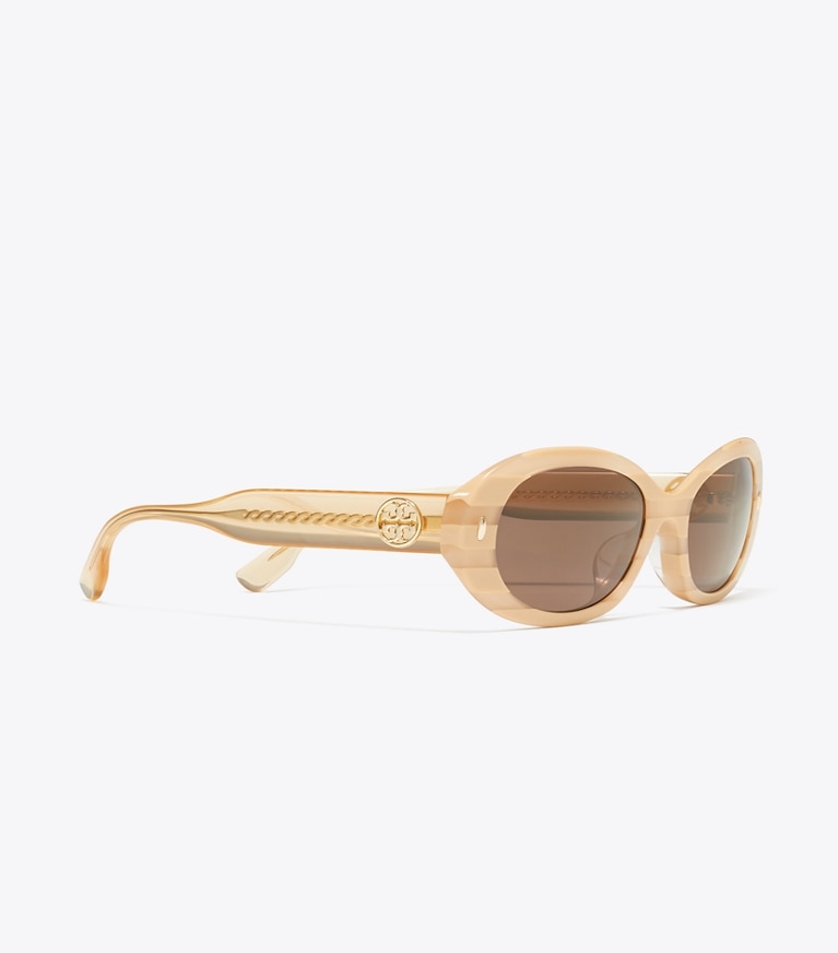 Tory Burch designer sunglasses & eyewear Miller Oval Sunglasses in NUDE STRIPE/DARK BROWN front