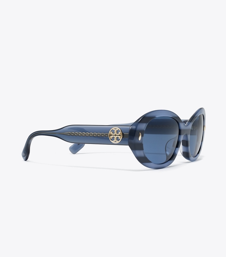 Tory Burch designer sunglasses & eyewear Miller Oval Sunglasses in BLUE STRIPE/DARK BLUE detail
