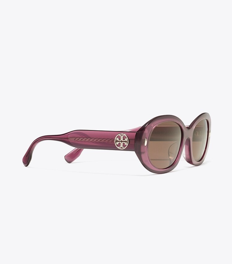 Tory Burch designer sunglasses & eyewear Miller Oval Sunglasses in TRANSPARENT BERRY/DARK BROWN detail