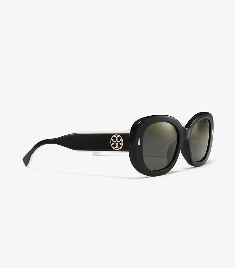 Tory Burch designer sunglasses & eyewear Miller Oval Sunglasses in BLACK/IVORY/DARK GREY SOLID detail