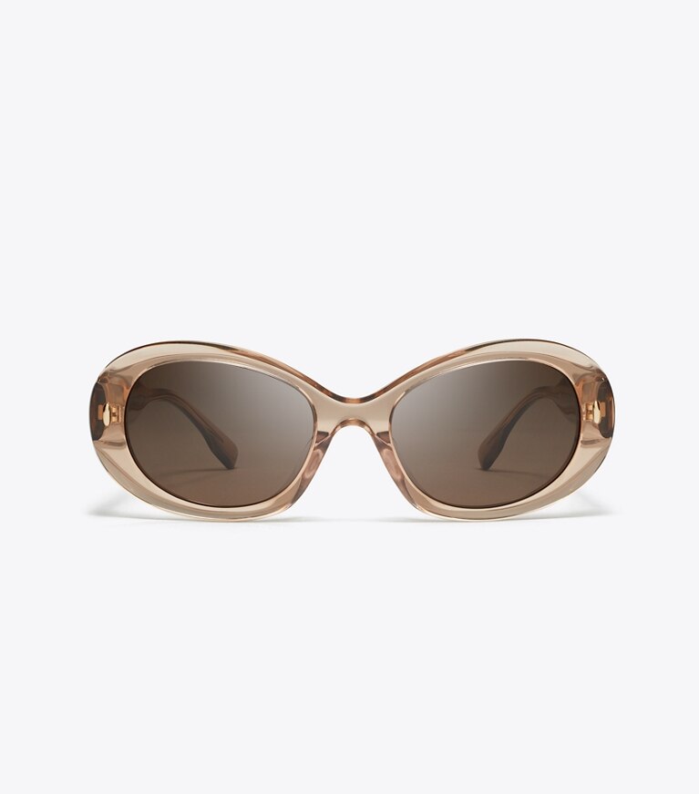 Tory Burch designer sunglasses & eyewear Miller Oval Sunglasses in TRANSPARENT LIGHT BROWN/DARK BROWN front