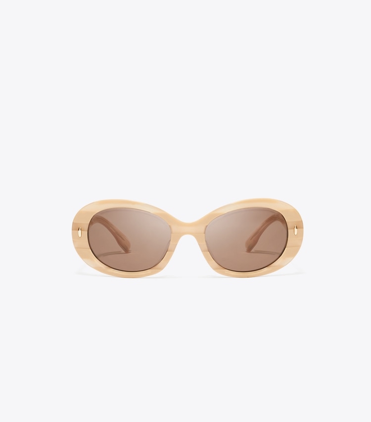 Tory Burch designer sunglasses & eyewear Miller Oval Sunglasses in NUDE STRIPE/DARK BROWN front