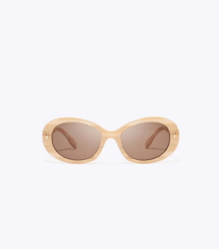 Tory Burch designer sunglasses & eyewear Miller Oval Sunglasses in NUDE STRIPE/DARK BROWN front
