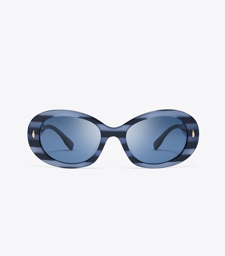 Tory Burch designer sunglasses & eyewear Miller Oval Sunglasses in BLUE STRIPE/DARK BLUE front