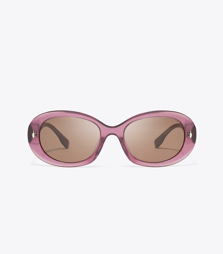 Tory Burch designer sunglasses & eyewear Miller Oval Sunglasses in TRANSPARENT BERRY/DARK BROWN front