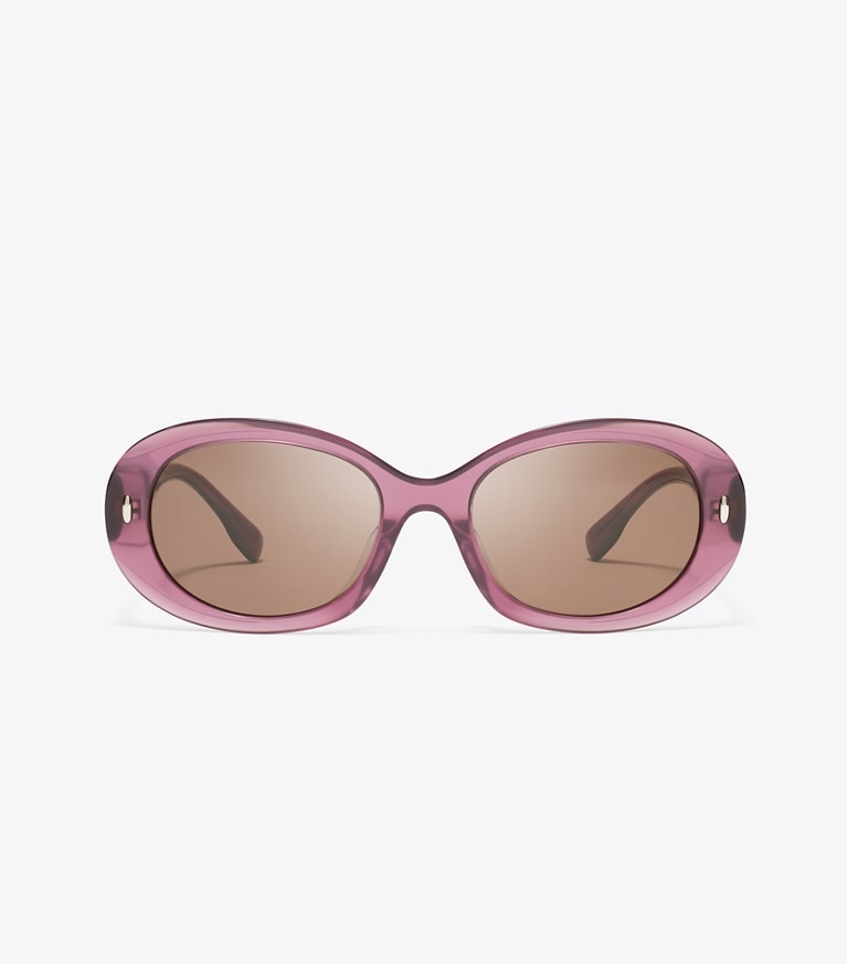 Tory Burch designer sunglasses & eyewear Miller Oval Sunglasses in TRANSPARENT BERRY/DARK BROWN front