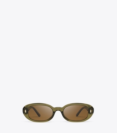 Tory Burch diseñador gafas de sol y anteojos Miller Oval Sunglasses en TRANSPARENT OLIVE/DARK BROWN POLAR frente