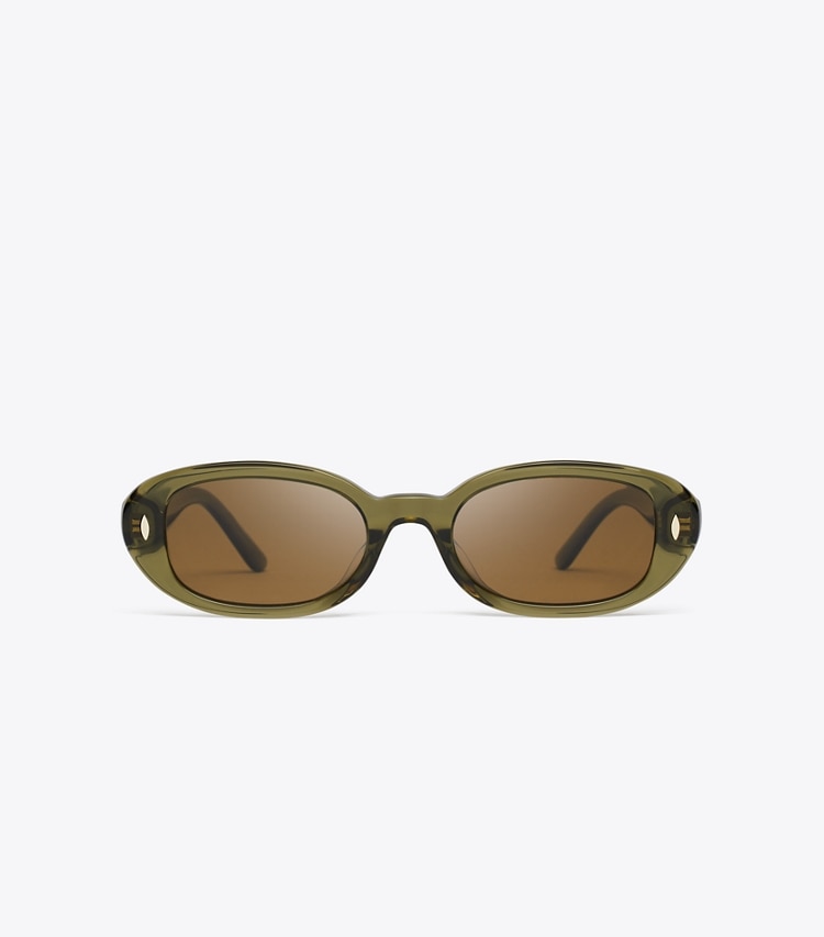 Tory Burch diseñador gafas de sol y gafas graduadas Miller Oval Sunglasses en TRANSPARENT OLIVE/DARK BROWN POLAR frente