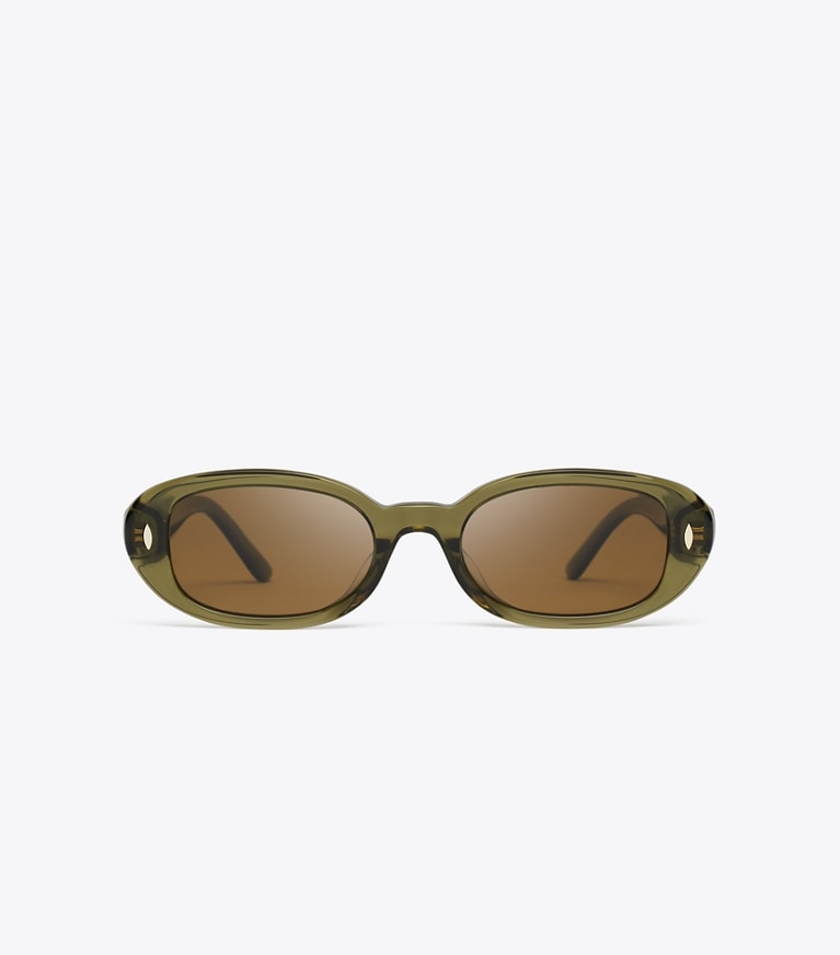 Tory Burch diseñador gafas de sol y gafas graduadas Miller Oval Sunglasses en TRANSPARENT OLIVE/DARK BROWN POLAR frente