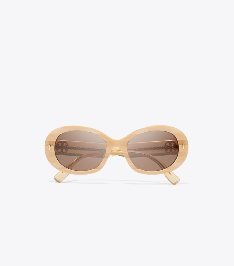 Tory Burch designer sunglasses & eyewear Miller Oval Sunglasses in NUDE STRIPE/DARK BROWN overhead