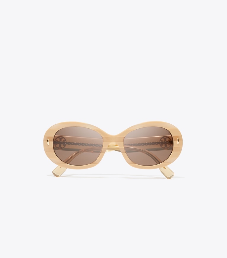 Tory Burch designer sunglasses & eyewear Miller Oval Sunglasses in NUDE STRIPE/DARK BROWN front