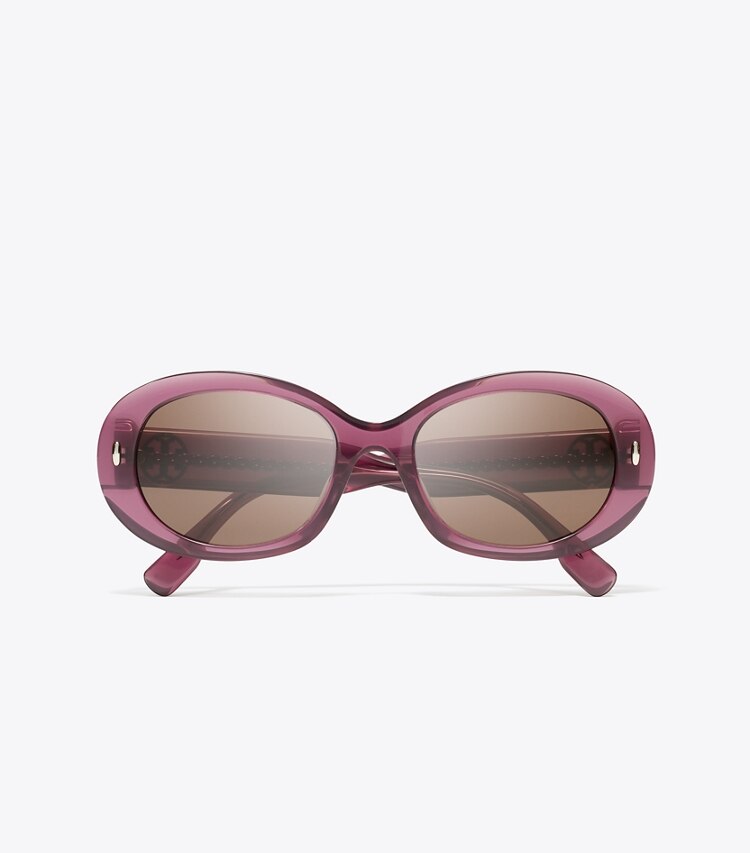Tory Burch designer sunglasses & eyewear Miller Oval Sunglasses in TRANSPARENT BERRY/DARK BROWN overhead