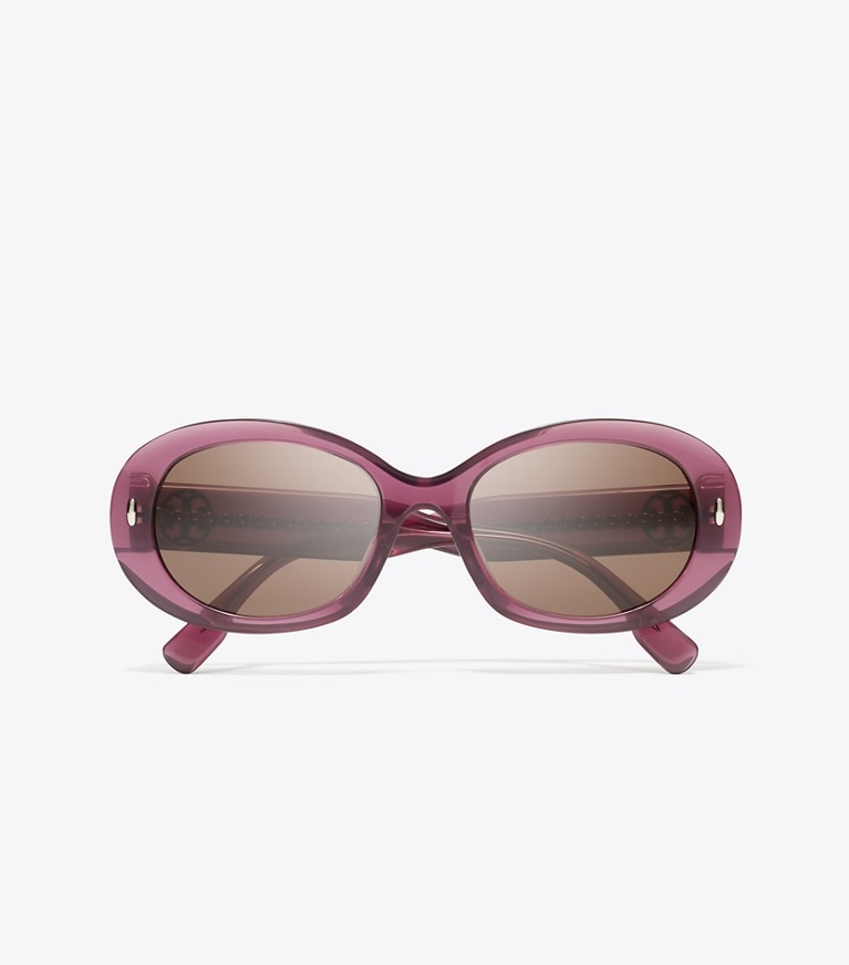 Tory Burch designer sunglasses & eyewear Miller Oval Sunglasses in TRANSPARENT BERRY/DARK BROWN overhead