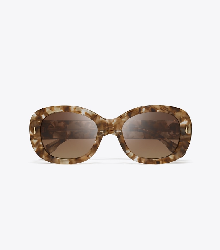 Tory Burch designer sunglasses & eyewear Miller Oval Sunglasses in TRANSPARENT TORT/ POLAR BROWN GRADIENT overhead
