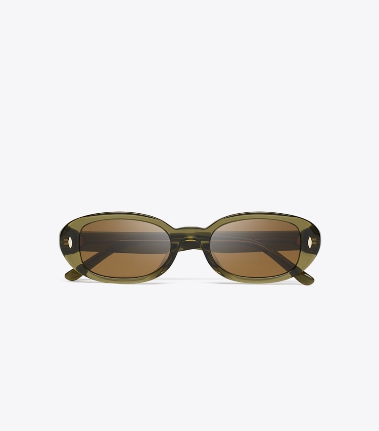 Tory Burch diseñador gafas de sol y gafas graduadas Miller Oval Sunglasses en TRANSPARENT OLIVE/DARK BROWN POLAR vista superior