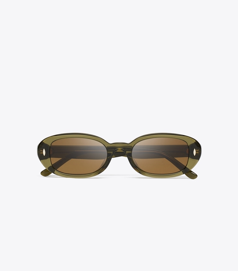 Tory Burch diseñador gafas de sol y gafas graduadas Miller Oval Sunglasses en TRANSPARENT OLIVE/DARK BROWN POLAR vista superior