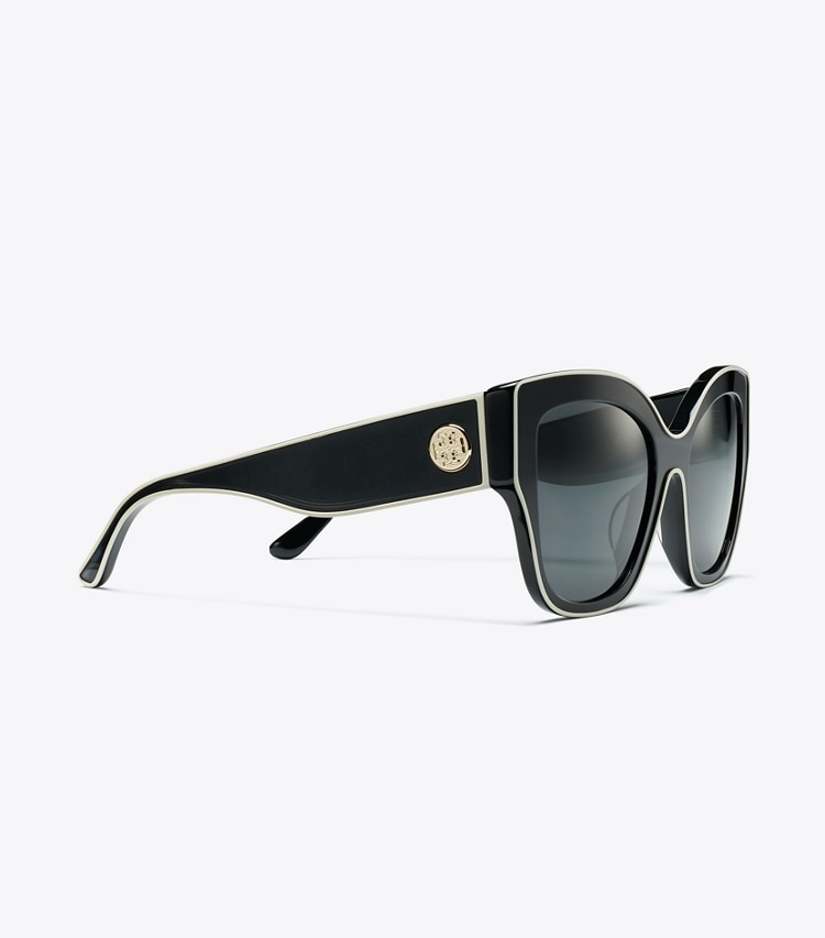 Tory Burch designer サングラス＆アイウェア オーバーサイズ キャットアイ サングラス in BLACK W/IVORY PIPING/SOLID GREY ディテール