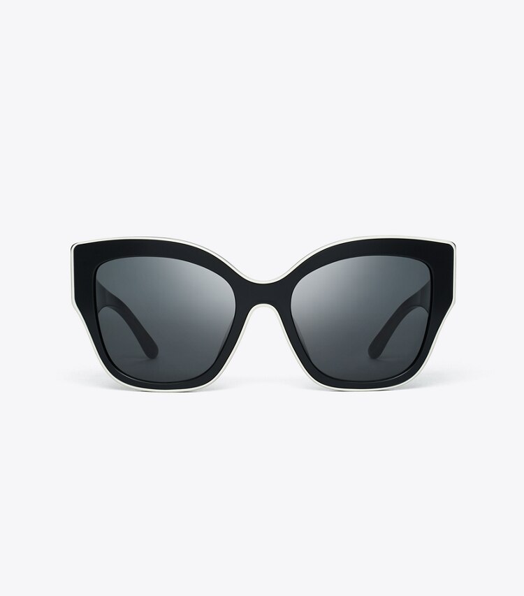 Tory Burch designer サングラス＆アイウェア オーバーサイズ キャットアイ サングラス in BLACK W/IVORY PIPING/SOLID GREY front