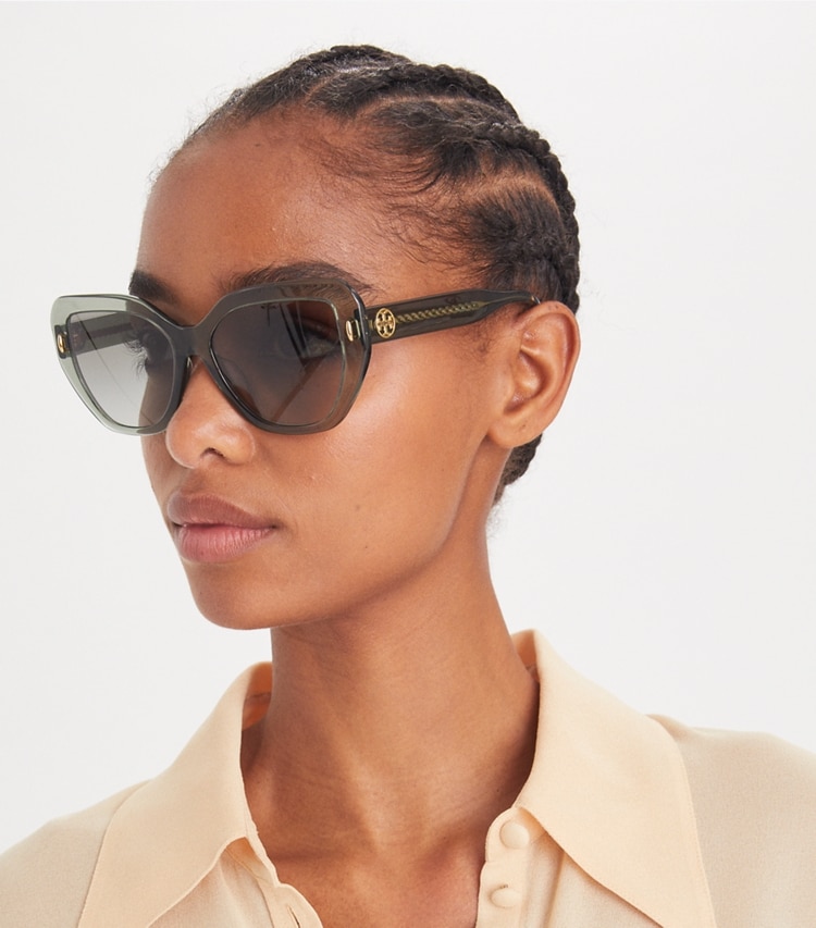 Tory Burch designer sunglasses & eyewear Miller Oversized Cat-Eye Sunglasses in TRANSPARENT SAGE/ LIGHT GREY GRADIENT accessory on model