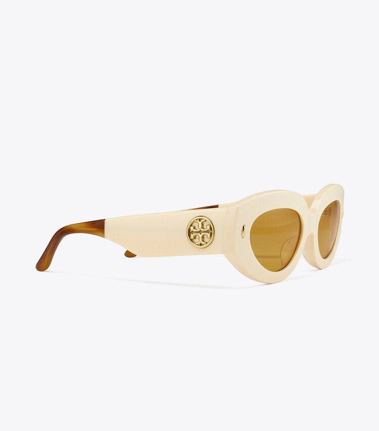Tory Burch designer sunglasses & eyewear Miller Oversized Cat-Eye Sunglasses in IVORY/HONEY WOOD detail