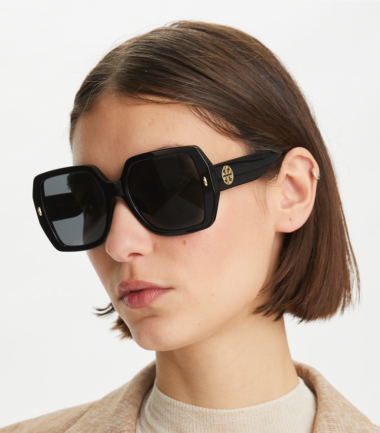 Tory Burch designer sunglasses & eyewear Miller Oversized Square Sunglasses in DARK TORTOISE/BROWN GRADIENT accessory on model