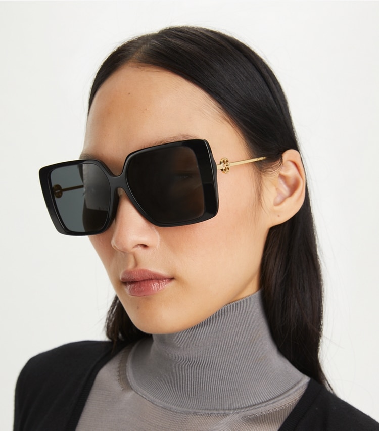 Tory Burch designer sunglasses & eyewear Miller Oversized Square Sunglasses in BLACK/DARK GREY accessory on model