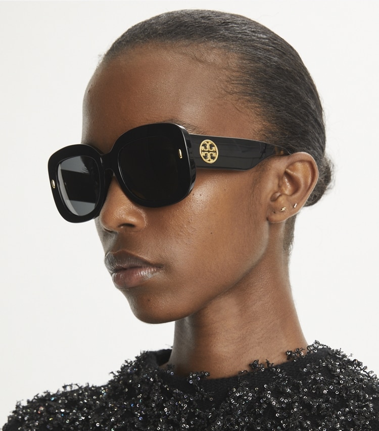 Tory Burch designer sunglasses & eyewear Miller Oversized Square Sunglasses in BLACK/VINTAGE TORTOISE accessory on model