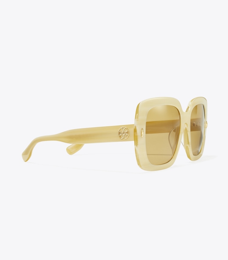 Tory Burch designer sunglasses & eyewear Miller Oversized Square Sunglasses in IVORY HORN/OCHRE detail