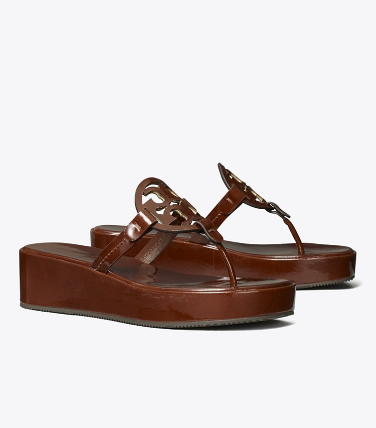 Tory Burch designer sandals Miller Patent Wedge Sandal in RUSSET BROWN angle