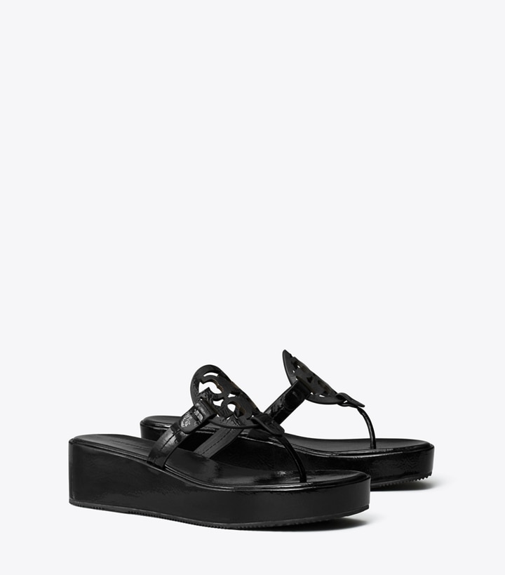 Tory Burch designer sandals Miller Patent Wedge Sandal in PERFECT BLACK angle