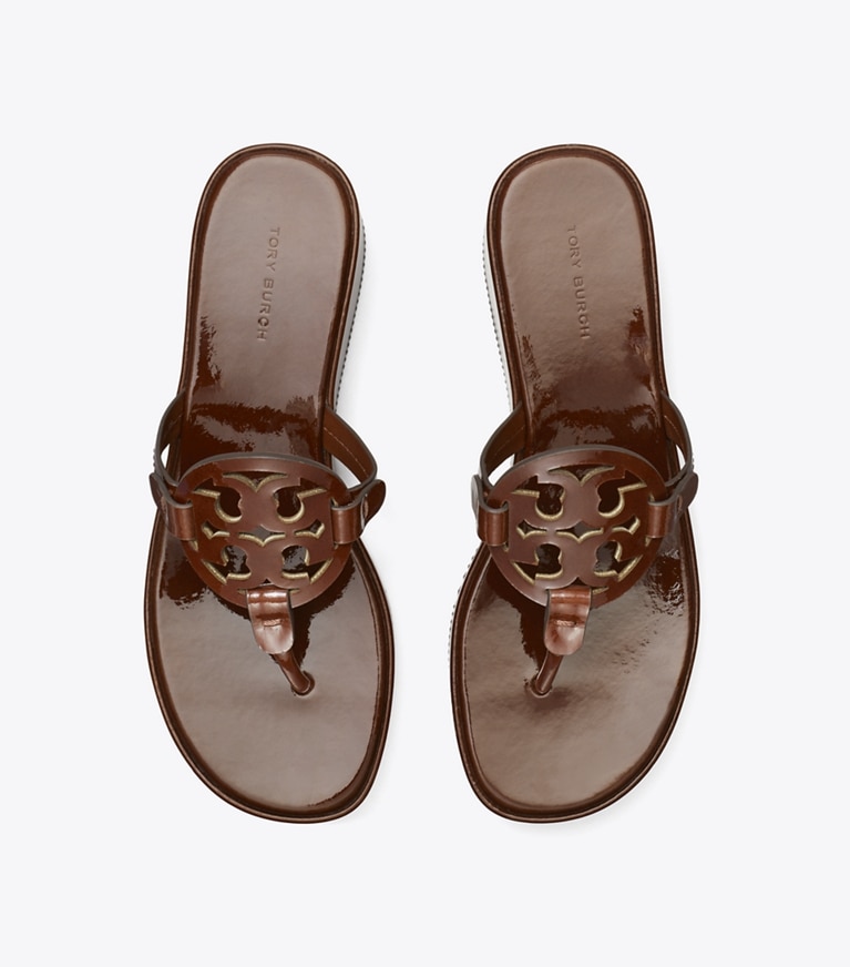 Tory Burch designer sandals Miller Patent Wedge Sandal in RUSSET BROWN angle
