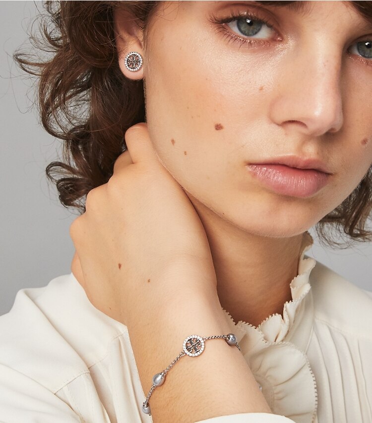 Tory Burch designer jewelry boxes Miller Pavé Bracelet & Stud Earring Gift Set in Tory Gold / Crystal accessory on model