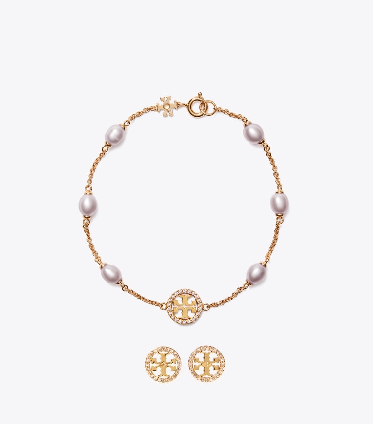 Tory Burch designer jewelry boxes Miller Pavé Bracelet & Stud Earring Gift Set in Tory Gold / Crystal front