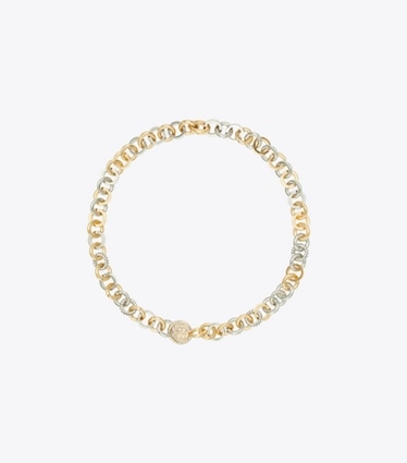 Tory Burch designer ネックレス ミラー パヴェ チェーンネックレス in Tory Gold / Tory Silver / Crystal front