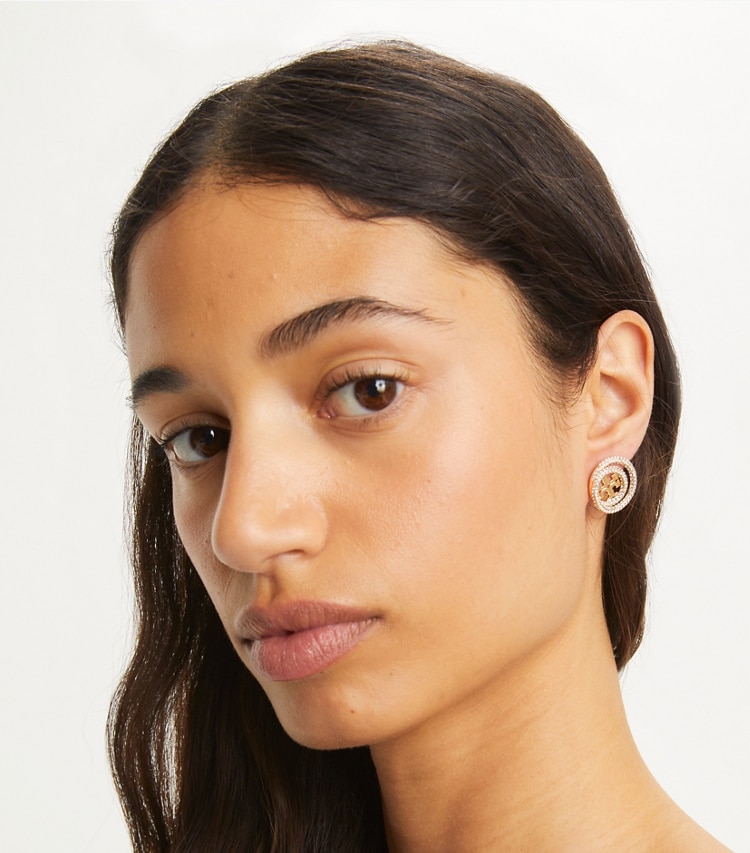 Tory Burch designer earrings Miller Pavé Double Ring Stud in Tory Gold / Smoky Topaz accessory on model