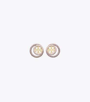 Tory Burch designer earrings Miller Pavé Double Ring Stud in Tory Gold / Violet front