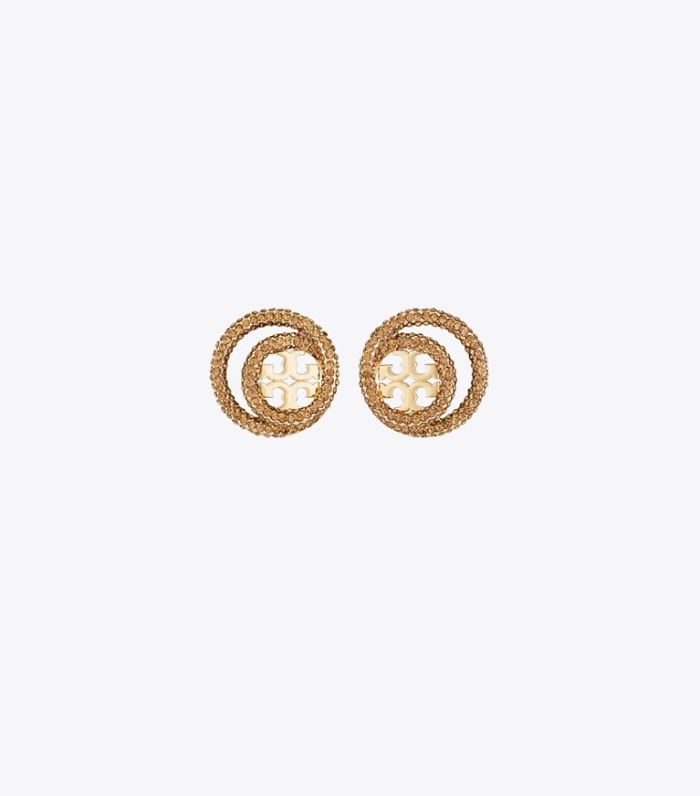Tory Burch designer earrings Miller Pavé Double Ring Stud in Tory Gold / Smoky Topaz front