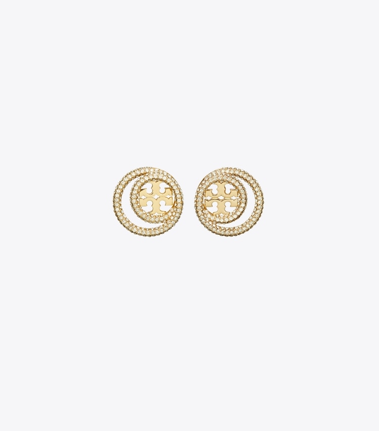 Tory Burch designer earrings Miller Pavé Double Ring Stud in Tory Gold / Crystal front