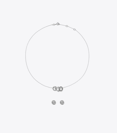 Tory Burch designer schmuckkästchen Miller Pavé-Halskette und Ohrringe im Geschenkset in Tory Silver / Crystal front
