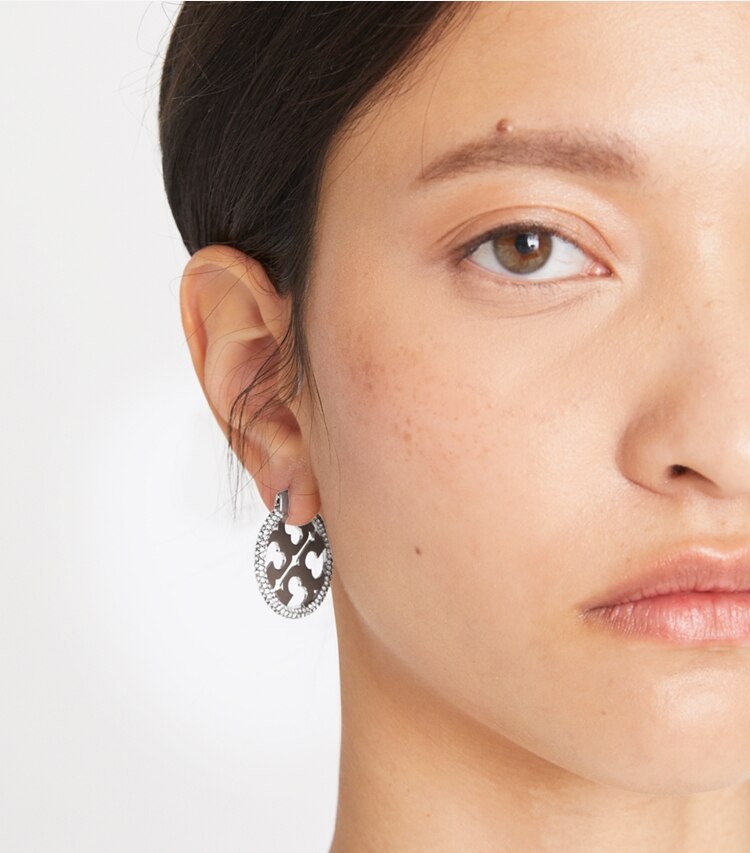 Tory Burch designer earrings Miller Pavé Hoop Earring in Tory Gold / Crystal accessory on model